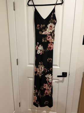 Black Floral Maxi Slip Dress with Pink and Cream Blooms